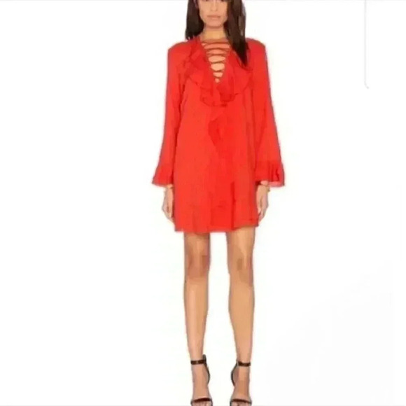Iro Florine Mini Red Distressed Frayed Short Lace Up Shift Dress - Picture 7 of 7